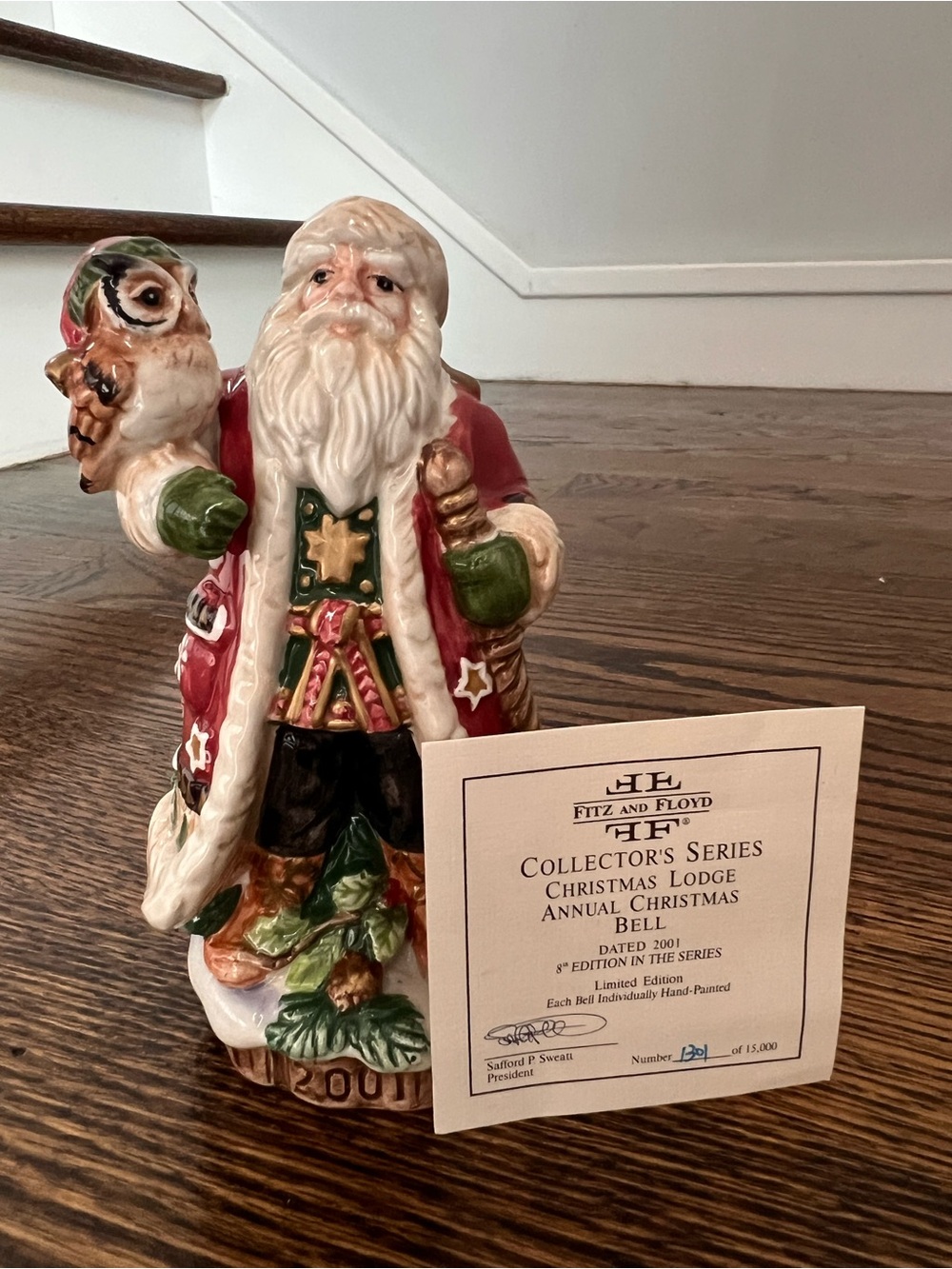 Fitz and Floyd Red, Green & Cream Santa with Owl Bell 2001 Figurine In Box